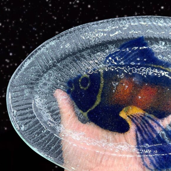 Large Fused Studio Art Glass Fish Tray Dish Hand Made Clear Glass 13.5”Long 8”W - Picture 2 of 15